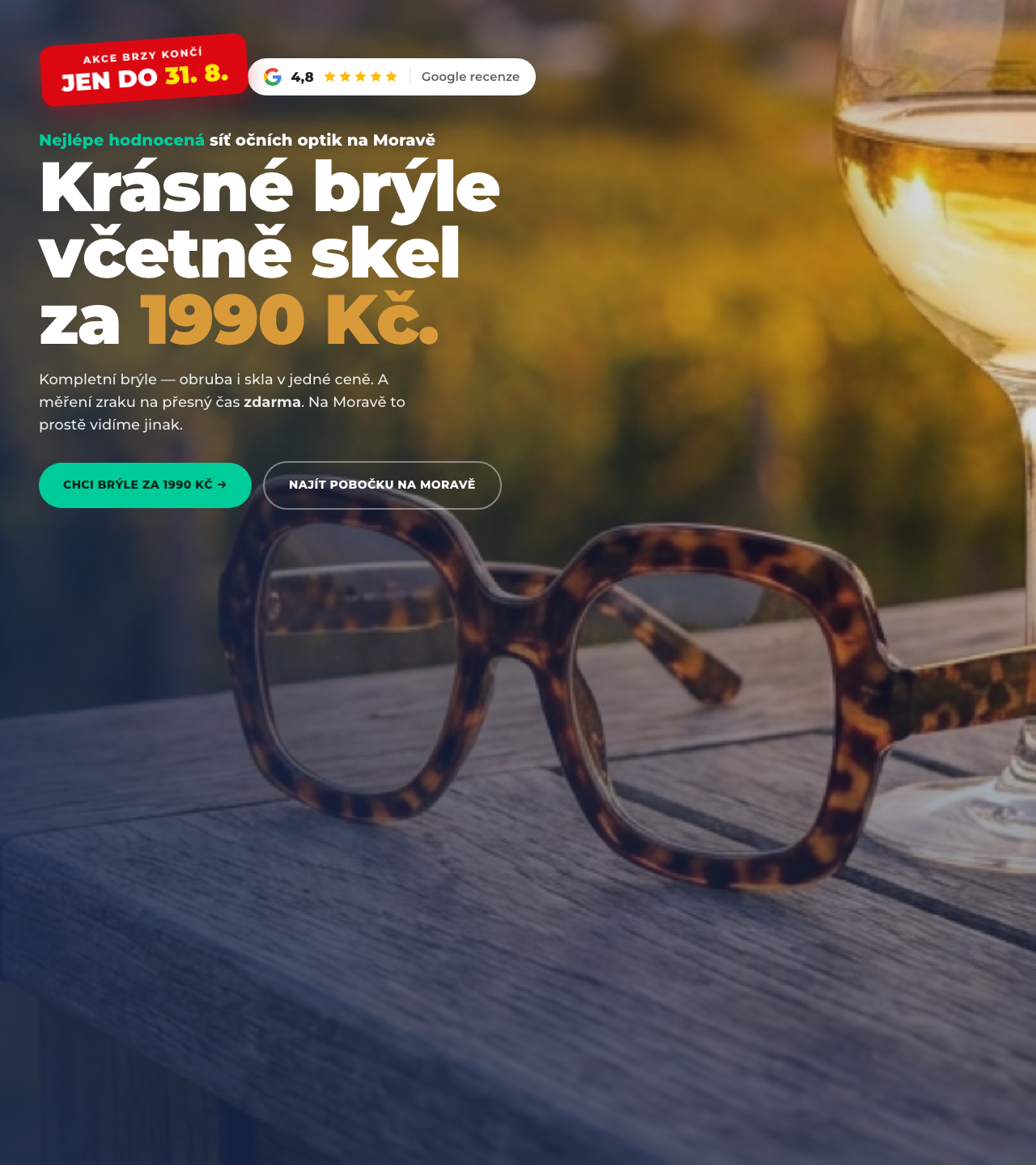 Landing page Brýle za 1990 Kč jen pro moravské pobočky, logo rozmazané