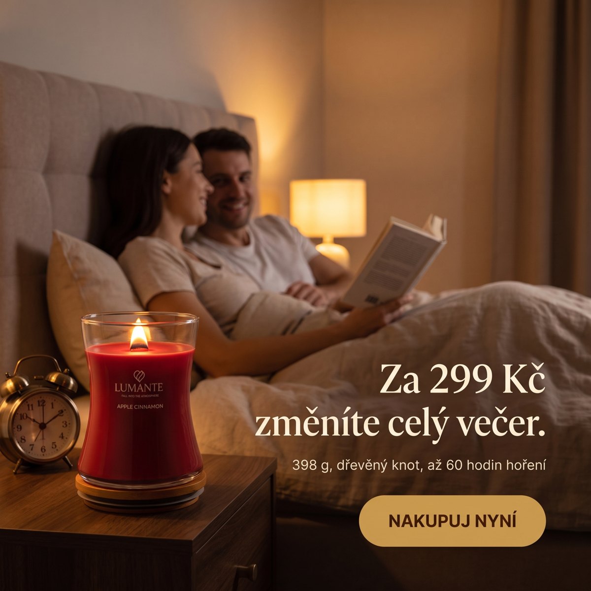 Banner: pár v posteli čte, svíčka na nočním stolku, titulek Za 299 Kč změníte celý večer.