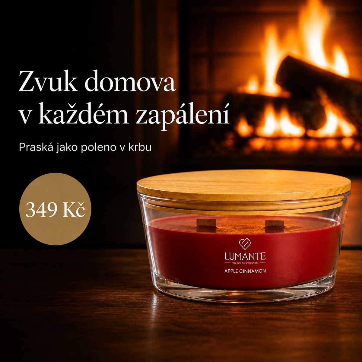 Produktový banner: svíčka Apple Cinnamon před krbem, 349 Kč