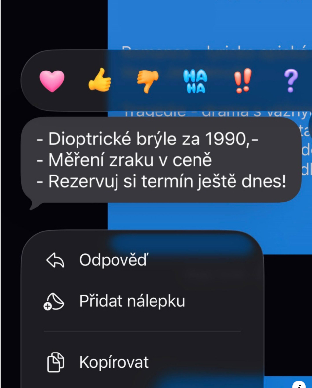 Banner stylizovaný jako chat: Dioptrické brýle za 1990, měření zraku v ceně